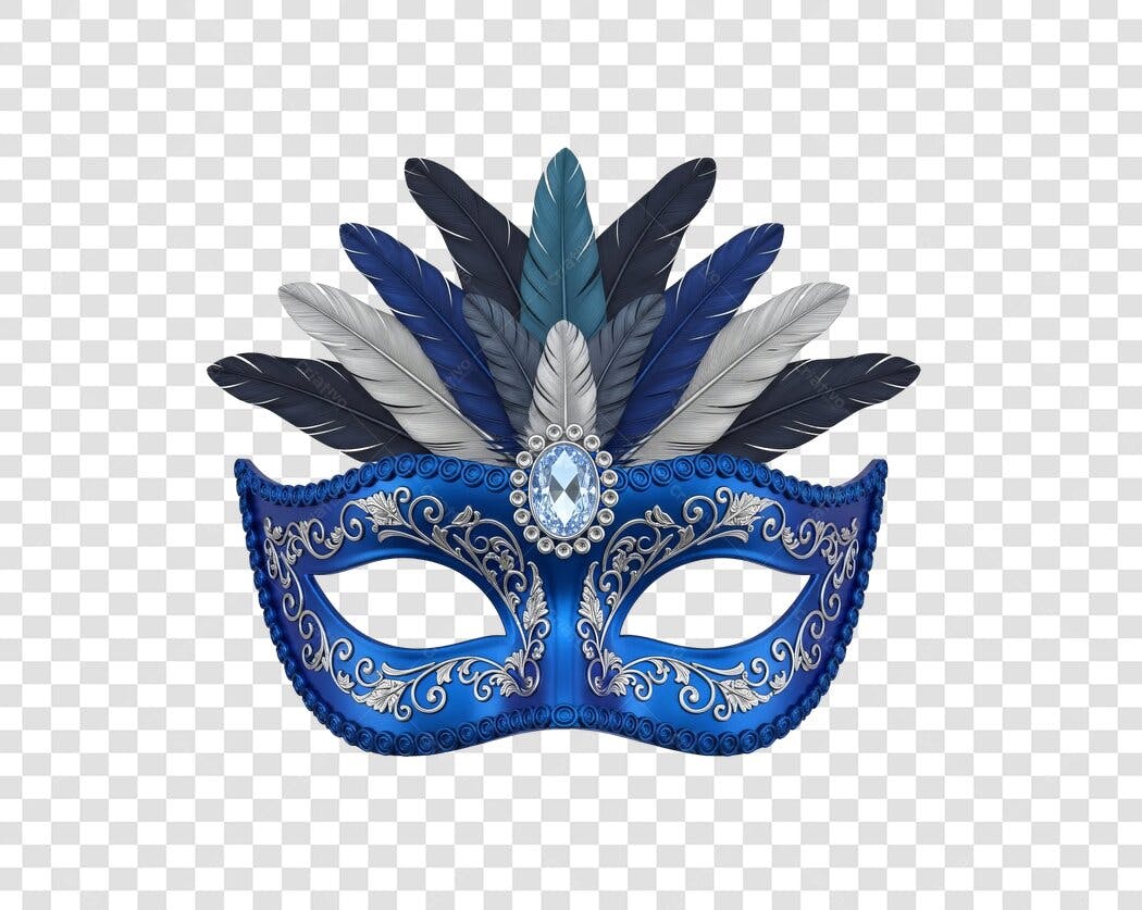 Máscara de Carnaval veneziana azul prata penas e joia PNG fundo transparente