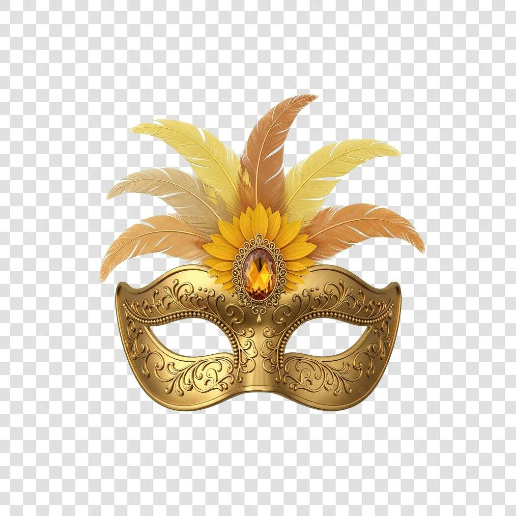 Máscara de Carnaval Dourada Penas Amarelas Joia Âmbar PNG com fundo transparente