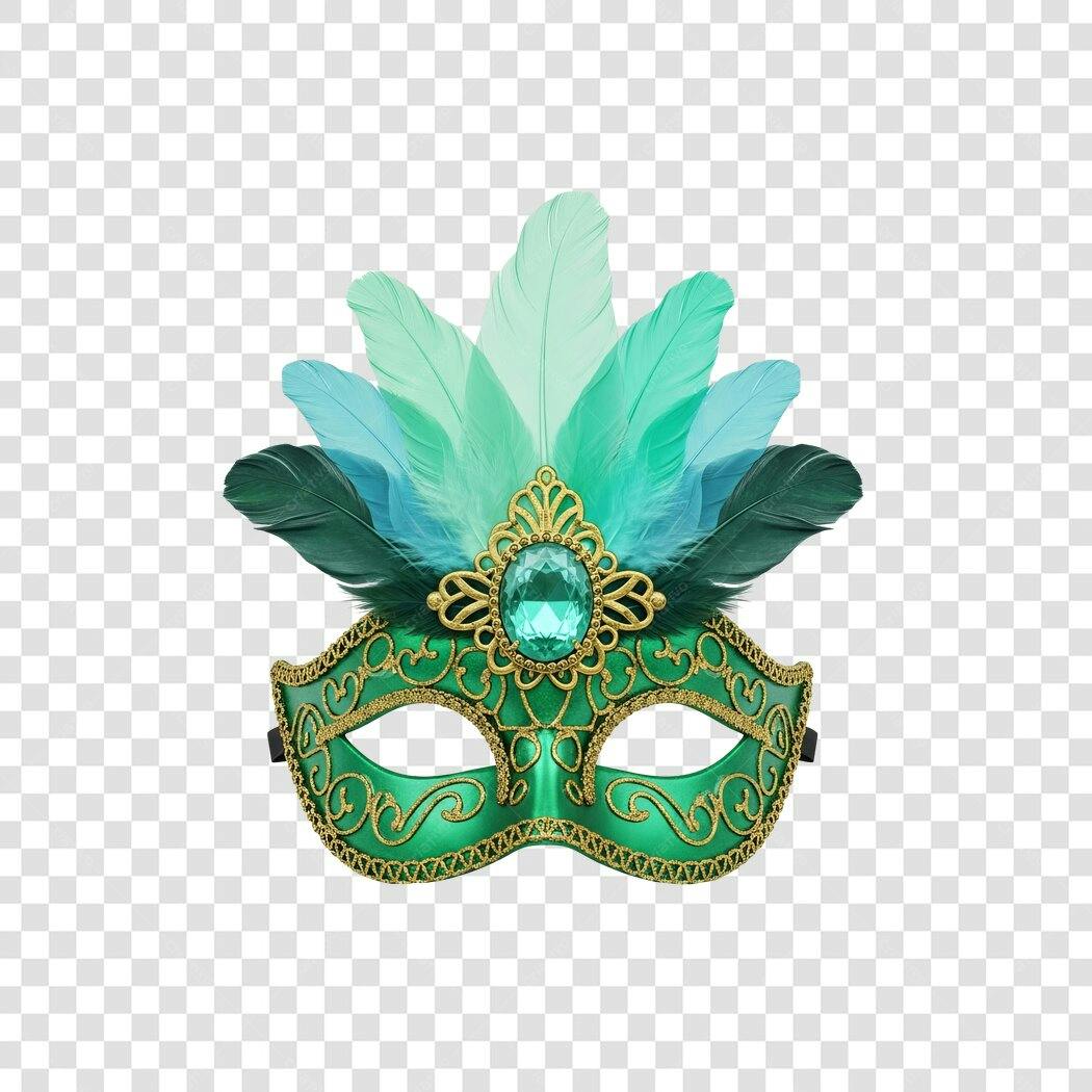 Máscara de Carnaval Verde Dourada com Plumas Azul Turquesa PNG com fundo transparente