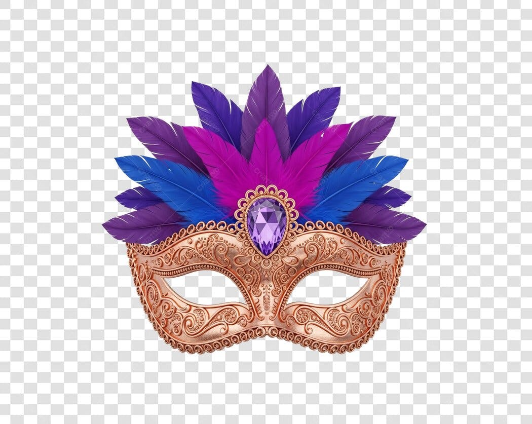 Máscara Carnaval Dourada com Penas Roxas Azuis PNG com fundo transparente