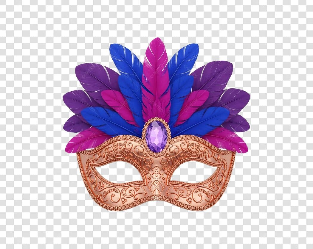 Elemento Máscara de Carnaval Dourada com Penas Roxas Azuis Rosa PNG com fundo transparente