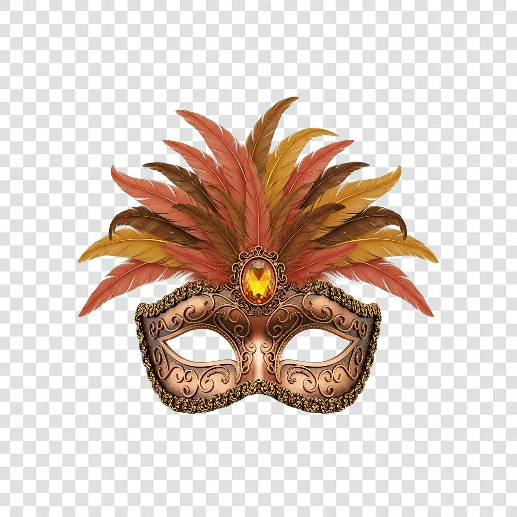 Máscara de Carnaval bronze com penas coloridas PNG com fundo transparente