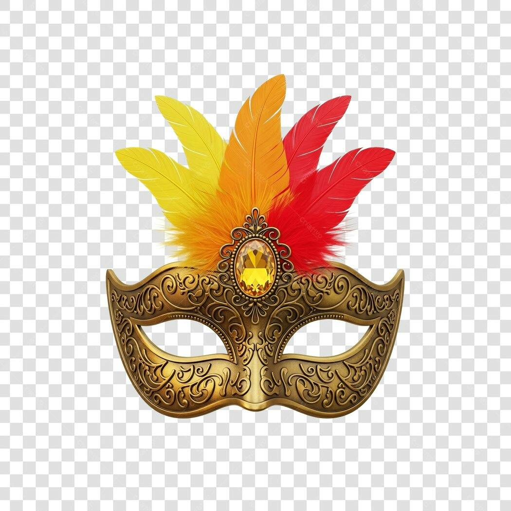 Elemento Gráfico Máscara Carnaval Festiva Dourada Penas Coloridas PNG com fundo transparente