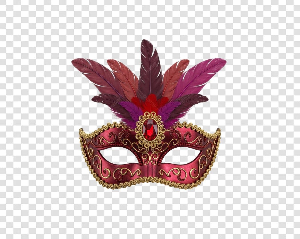 Máscara de Carnaval Veneziana Luxuosa com Penas Vermelhas e Douradas PNG com fundo transparente