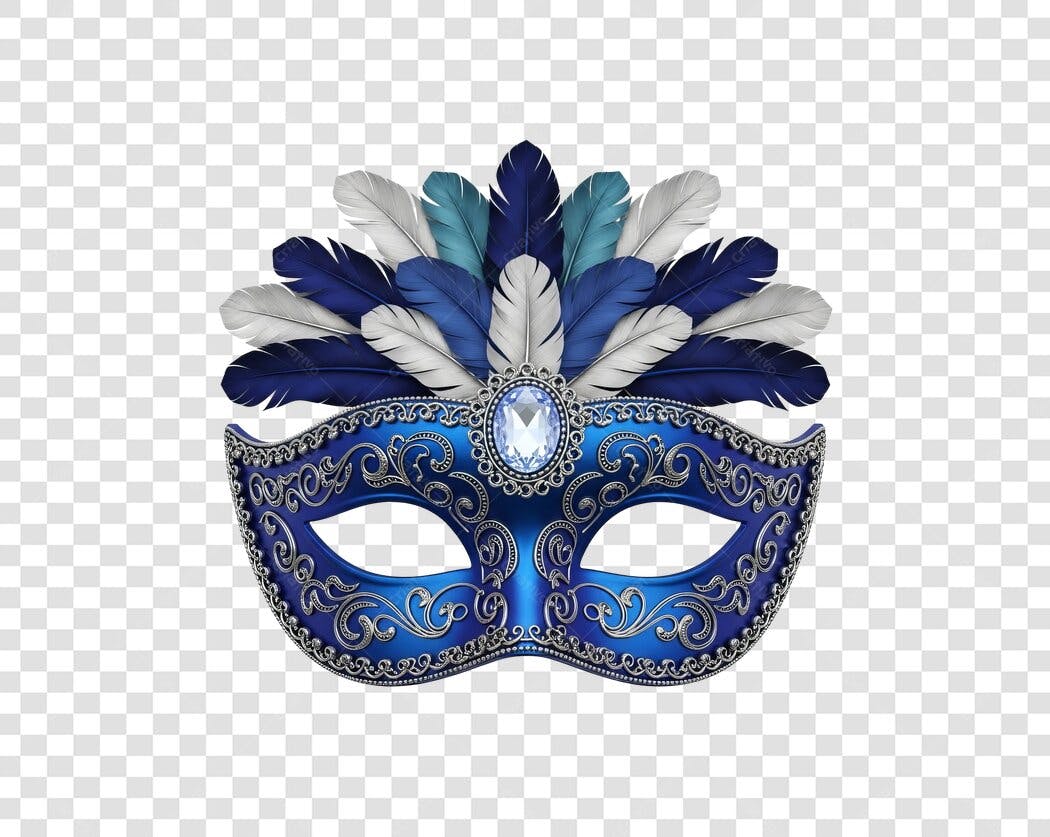 Máscara de Carnaval azul e prata com penas e gema PNG com fundo transparente