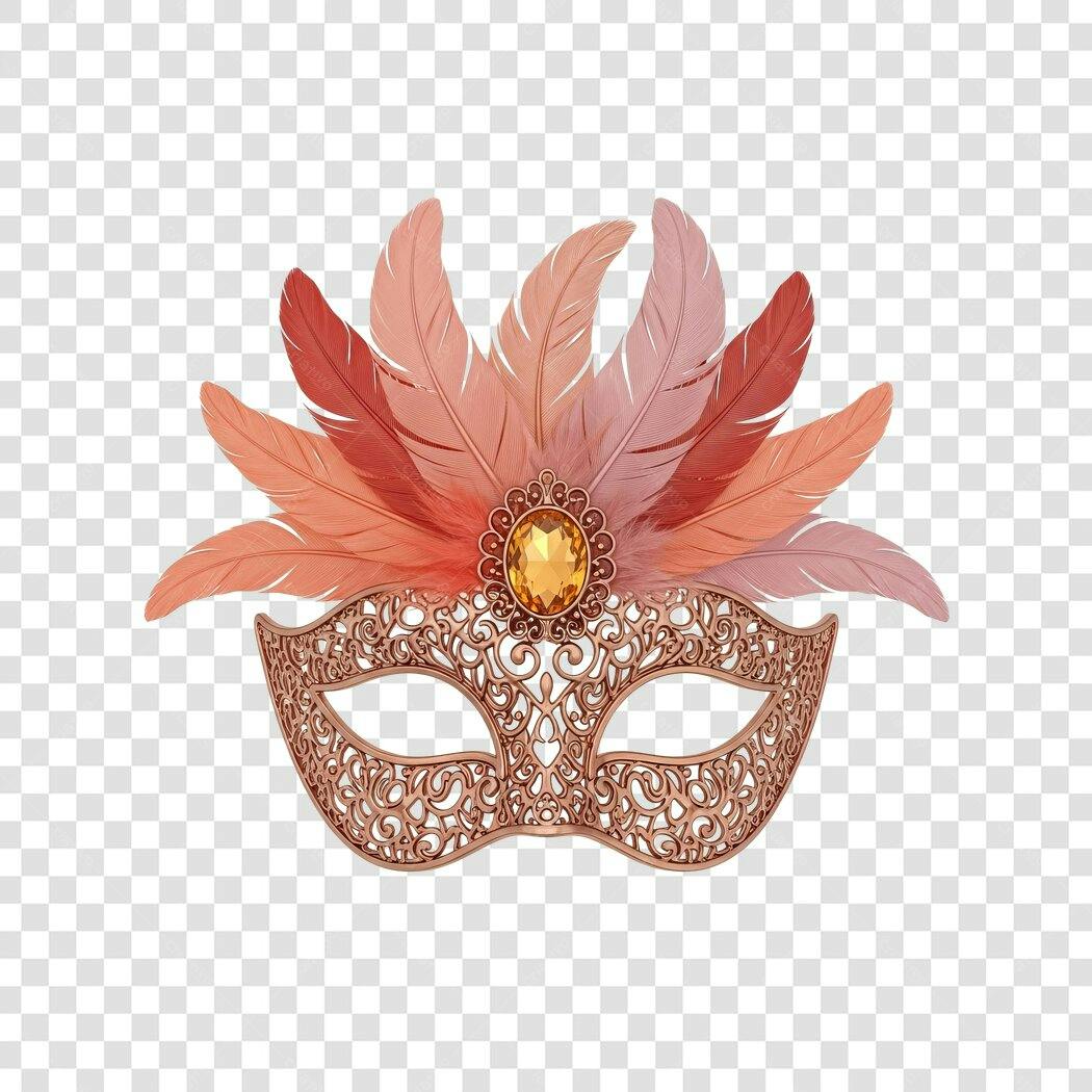 Máscara de Carnaval luxuosa penas ouro rosê e joia PNG com fundo transparente