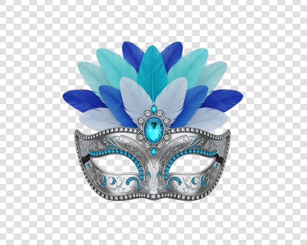 Máscara de Carnaval festiva azul e prata com penas joias PNG com fundo transparente