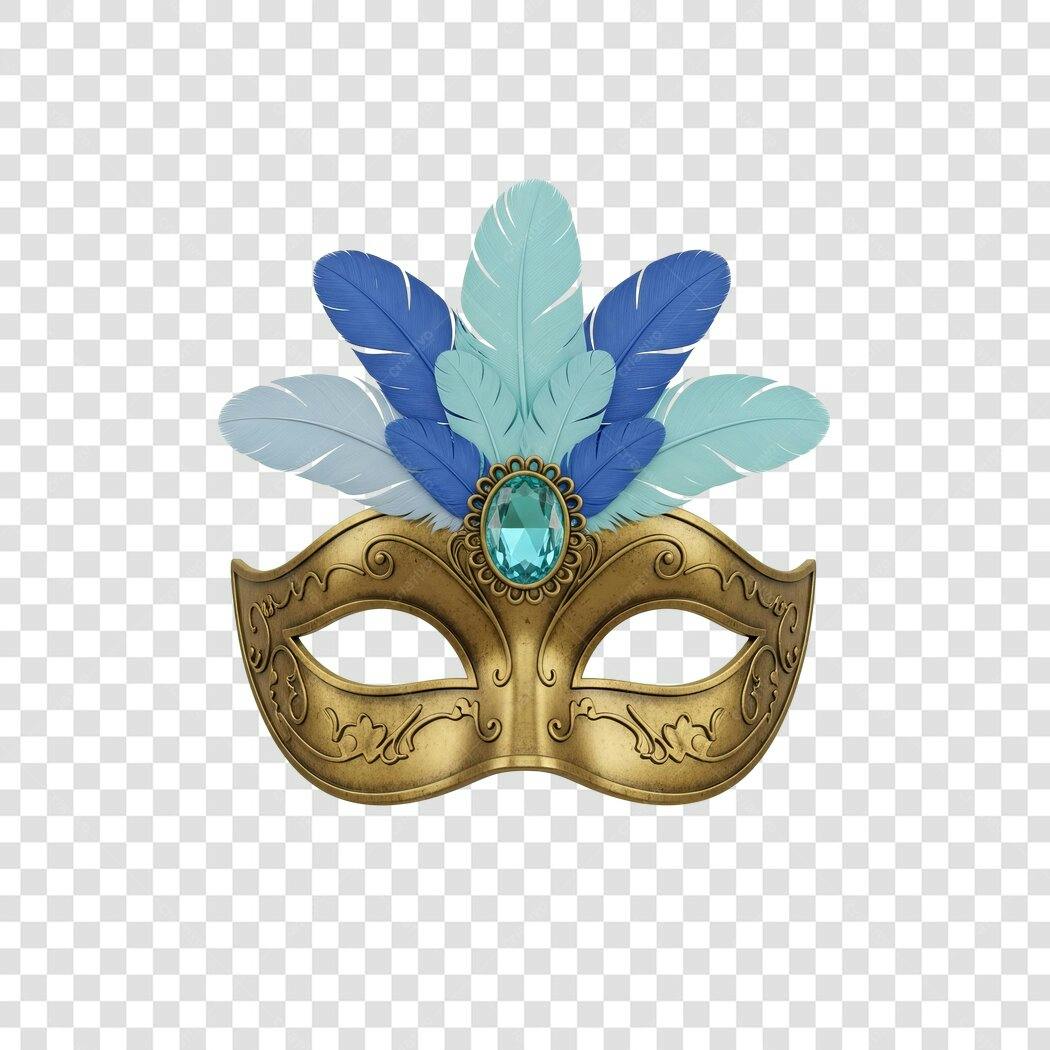 Máscara de Carnaval dourada com plumas azuis e gema turquesa PNG com fundo transparente