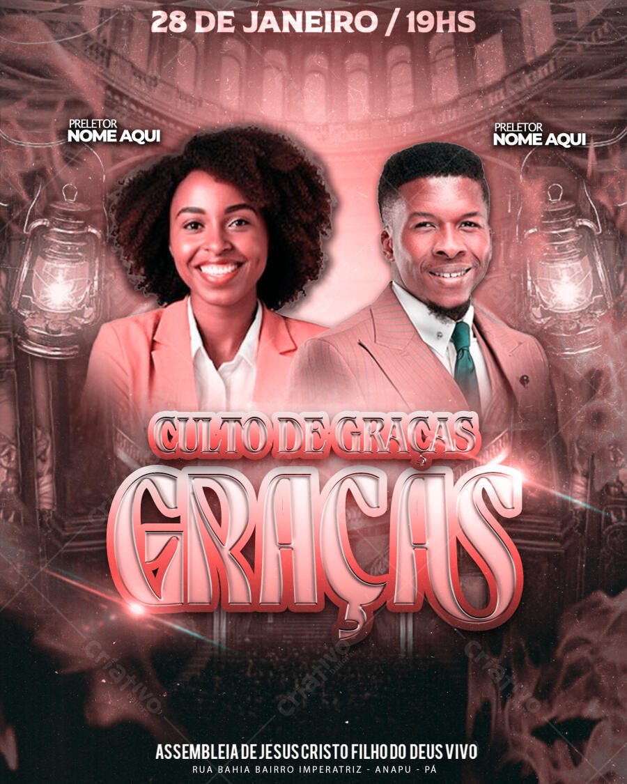 Flyer Religioso Culto de Graças com Preletores PSD Editável