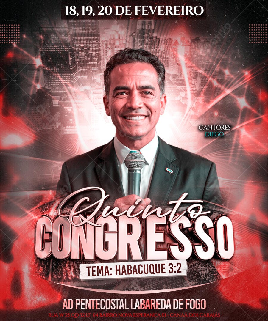 Flyer Quinto Congresso Religioso Cantor Diego PSD Editável