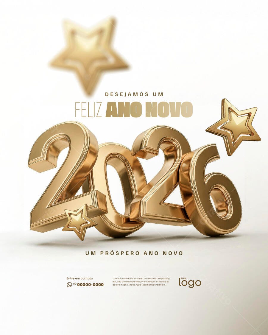 Flyer Feliz Ano Novo 2026 Estrelas Douradas Psd Editável