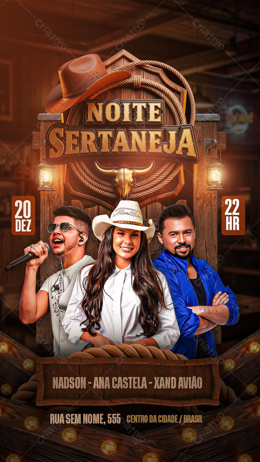 Flyer Noite Sertaneja com Cantores e Chapéu Country PSD Editável