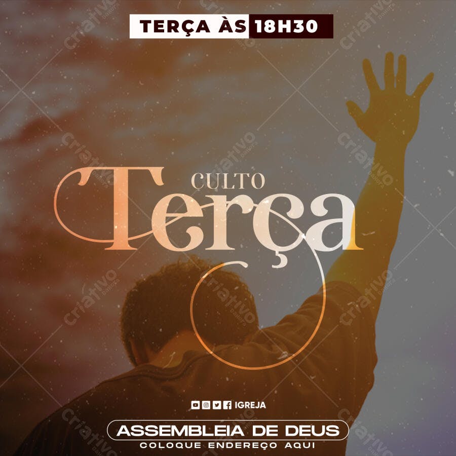 Flyer Culto de Terça Igreja Assembleia de Deus PSD Editável