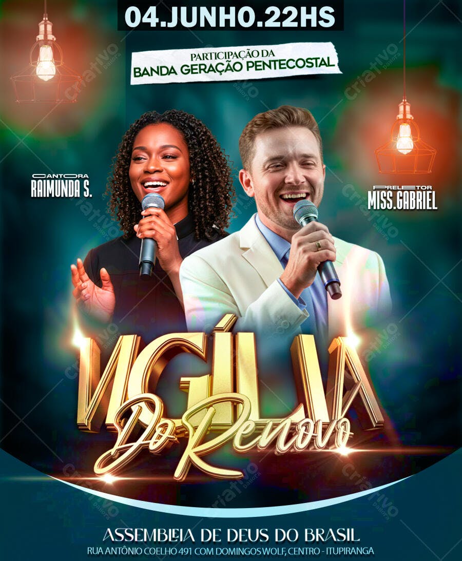 Flyer Vigília do Renovo Assembleia de Deus com Cantora e Preletor PSD Editável