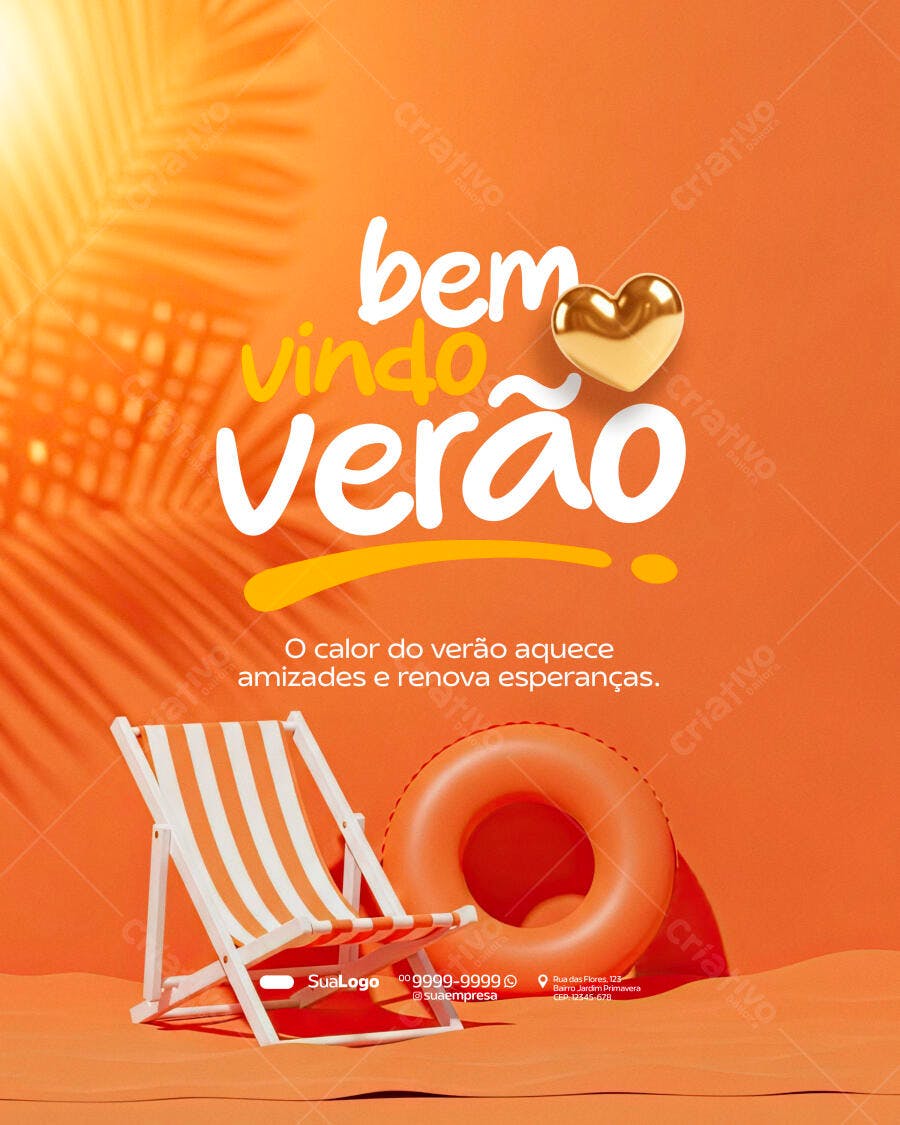 Flyer para Boas-Vindas ao Verão com Cadeira e Boia PSD Editável