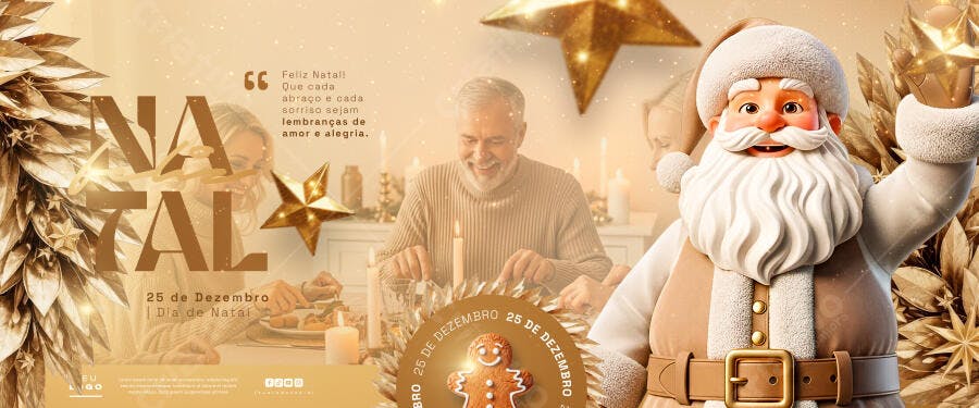 Flyer de Natal com Papai Noel e Família Dourado PSD Editável