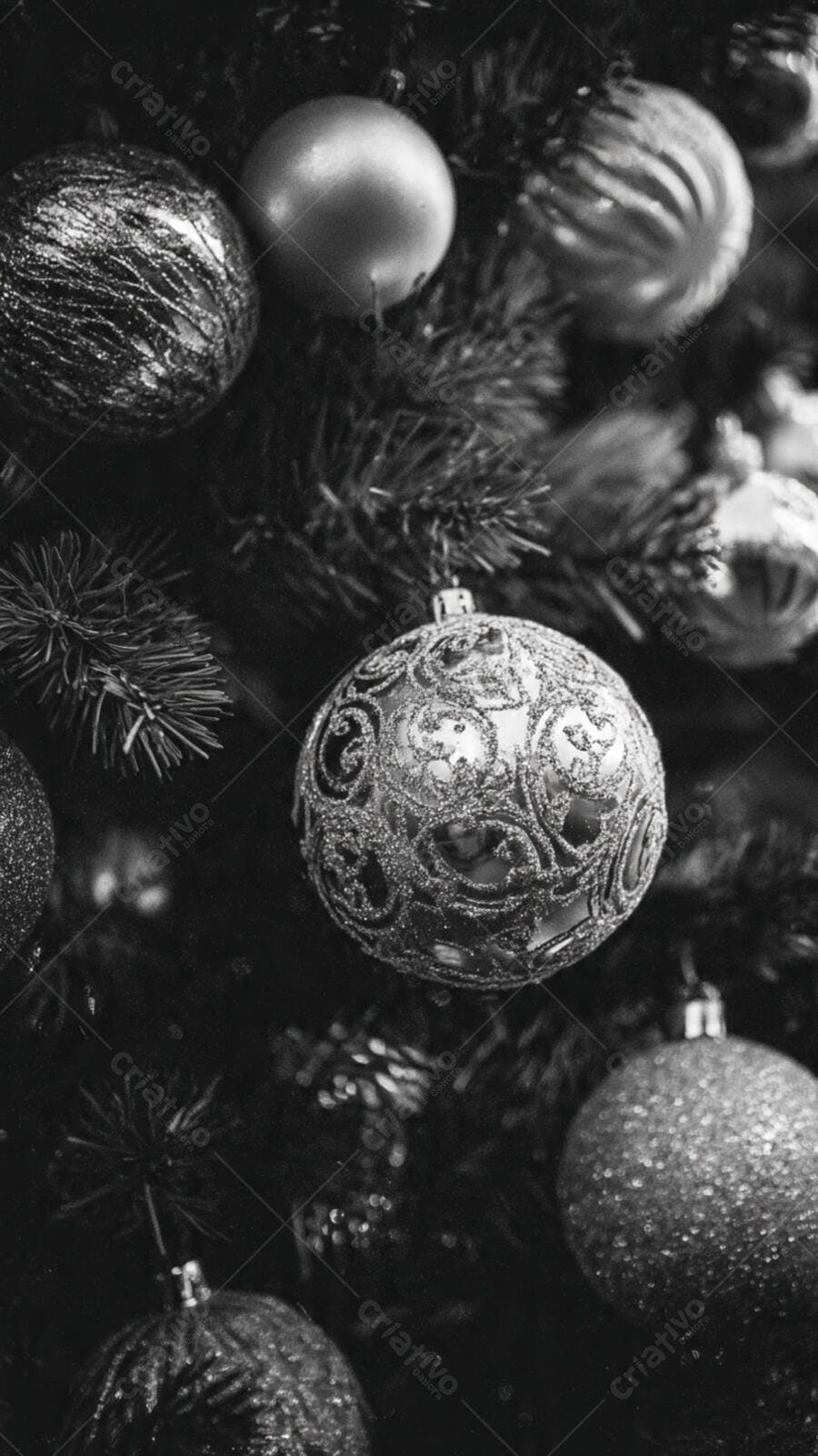 Enfeites de Natal prateados e brilhantes na árvore em preto e branco