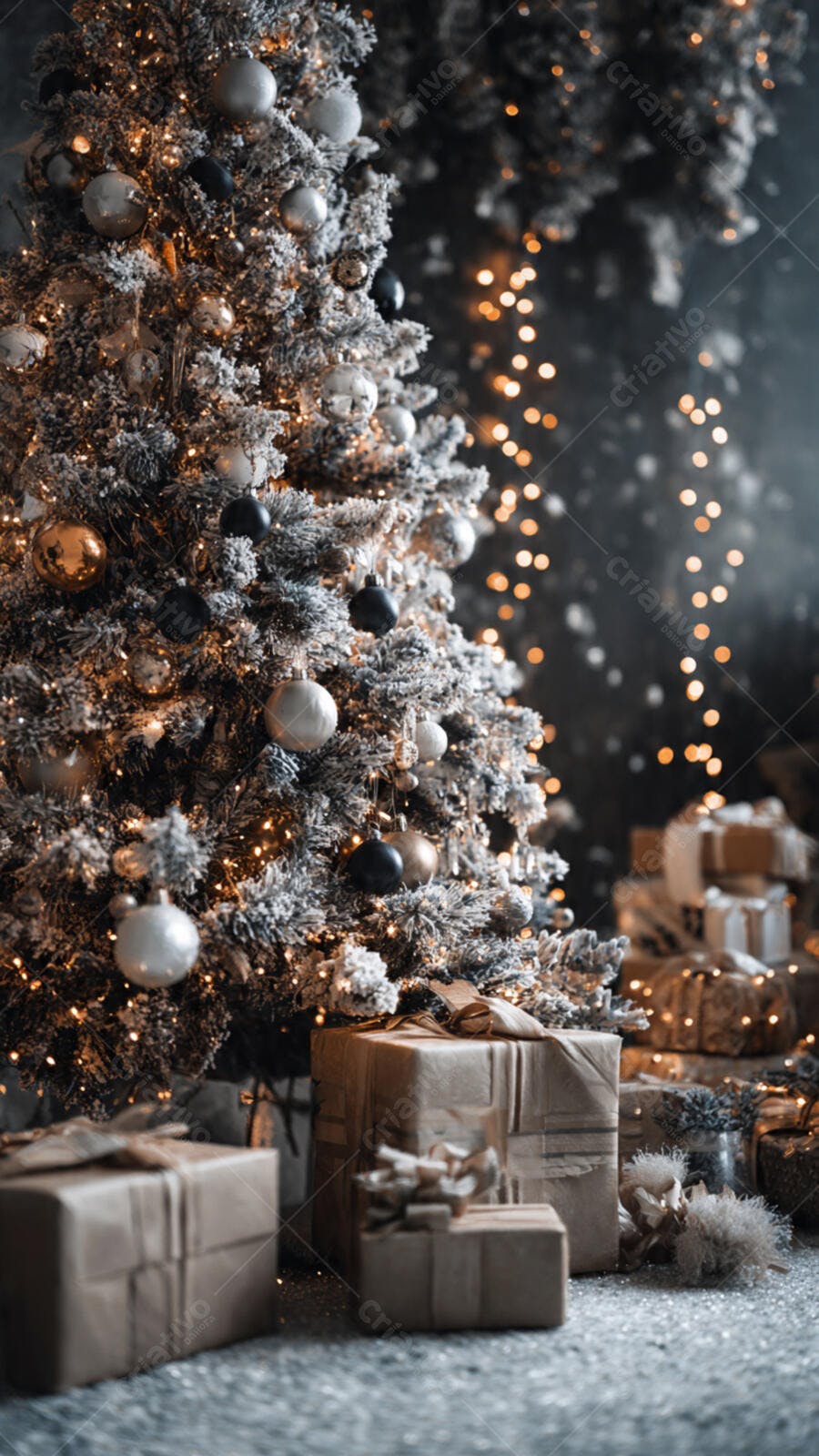 Árvore de Natal flocada decorada com presentes luzes douradas e enfeites prateados