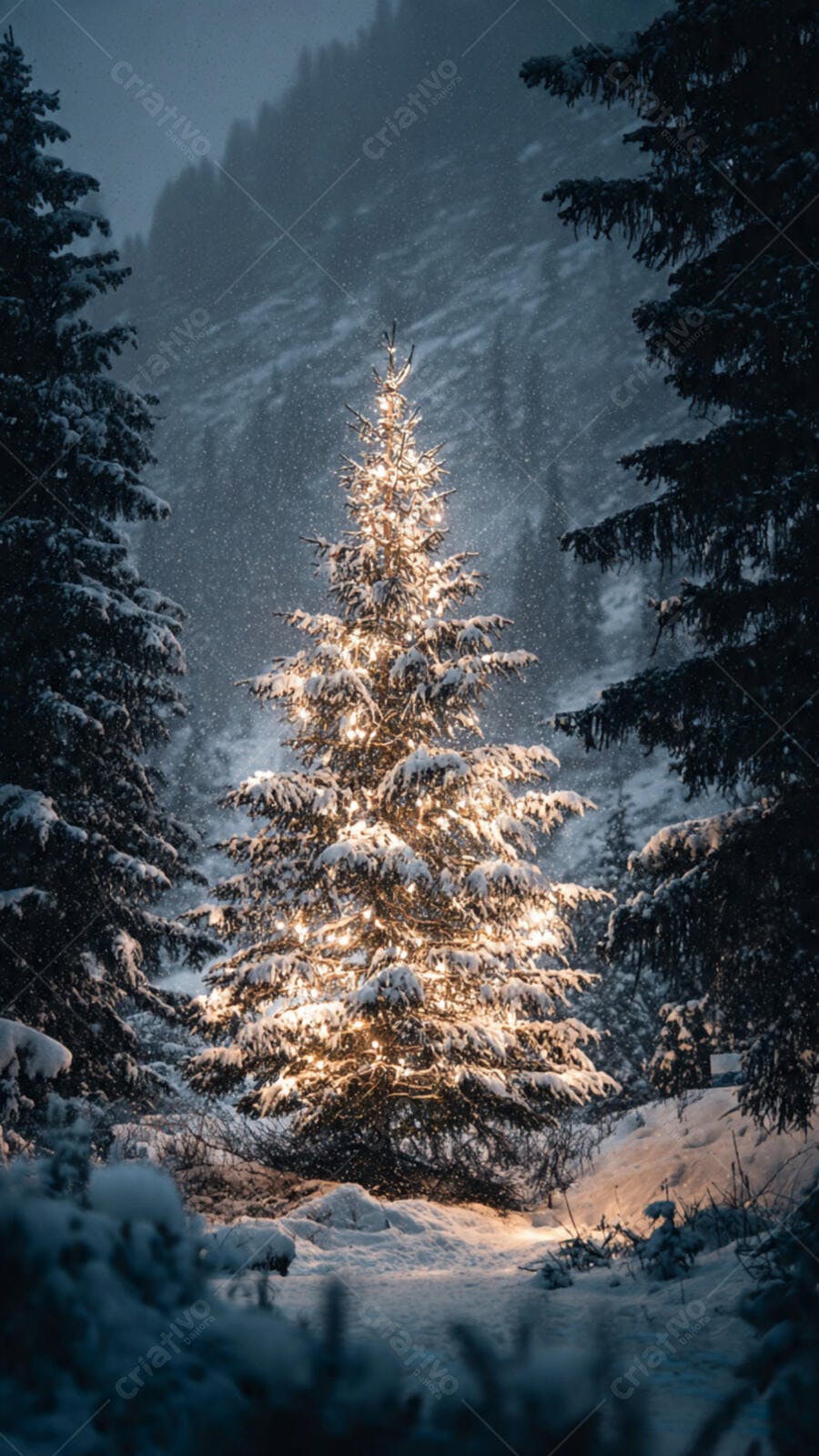 Árvore de Natal festiva na floresta nevada sob luzes quentes e neve caindo