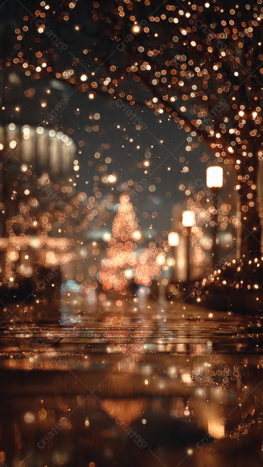 Luzes bokeh douradas e reflexos em rua molhada cenário noturno festivo