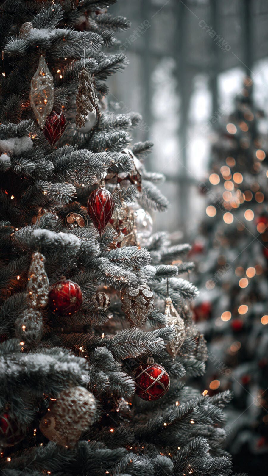 Árvore de Natal flocada com bolas vermelhas douradas e luzes festivas de inverno