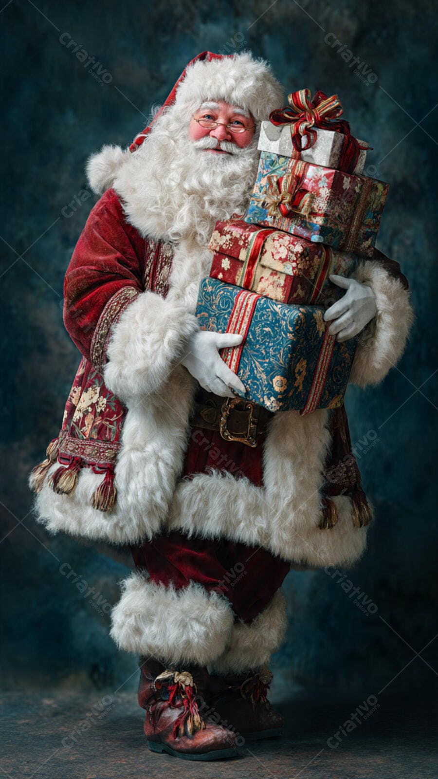 Papai Noel sorridente segurando presentes embrulhados para o Natal