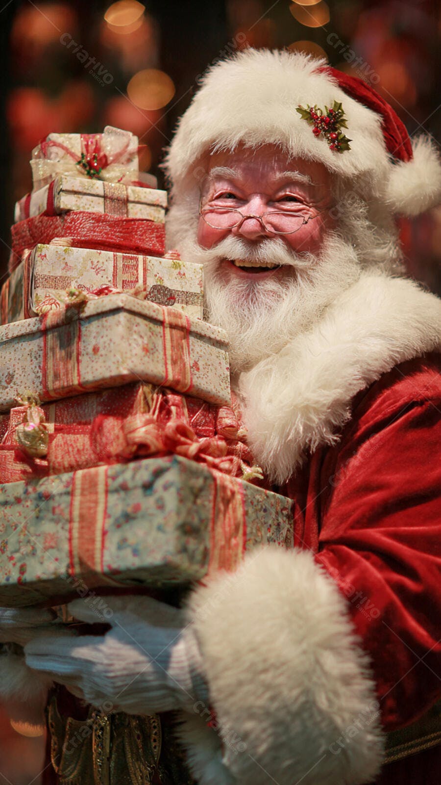 Papai Noel sorridente segurando pilha de presentes de Natal embrulhados