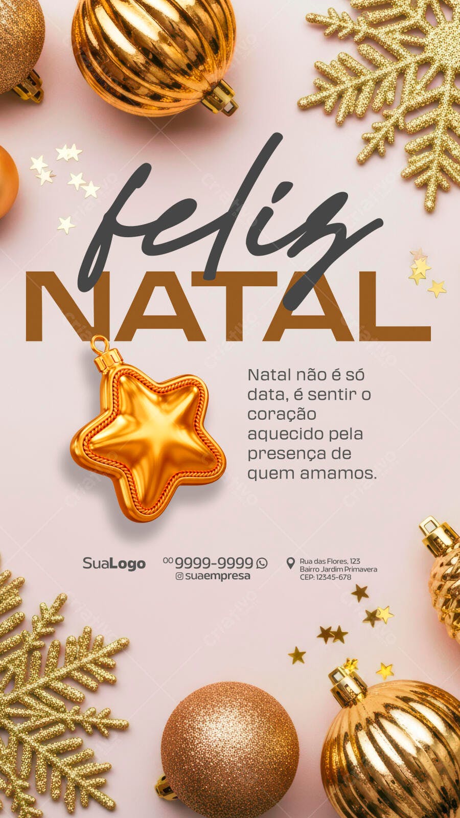 Post Feliz Natal com Ornamentos Dourados e Estrelas PSD Editável