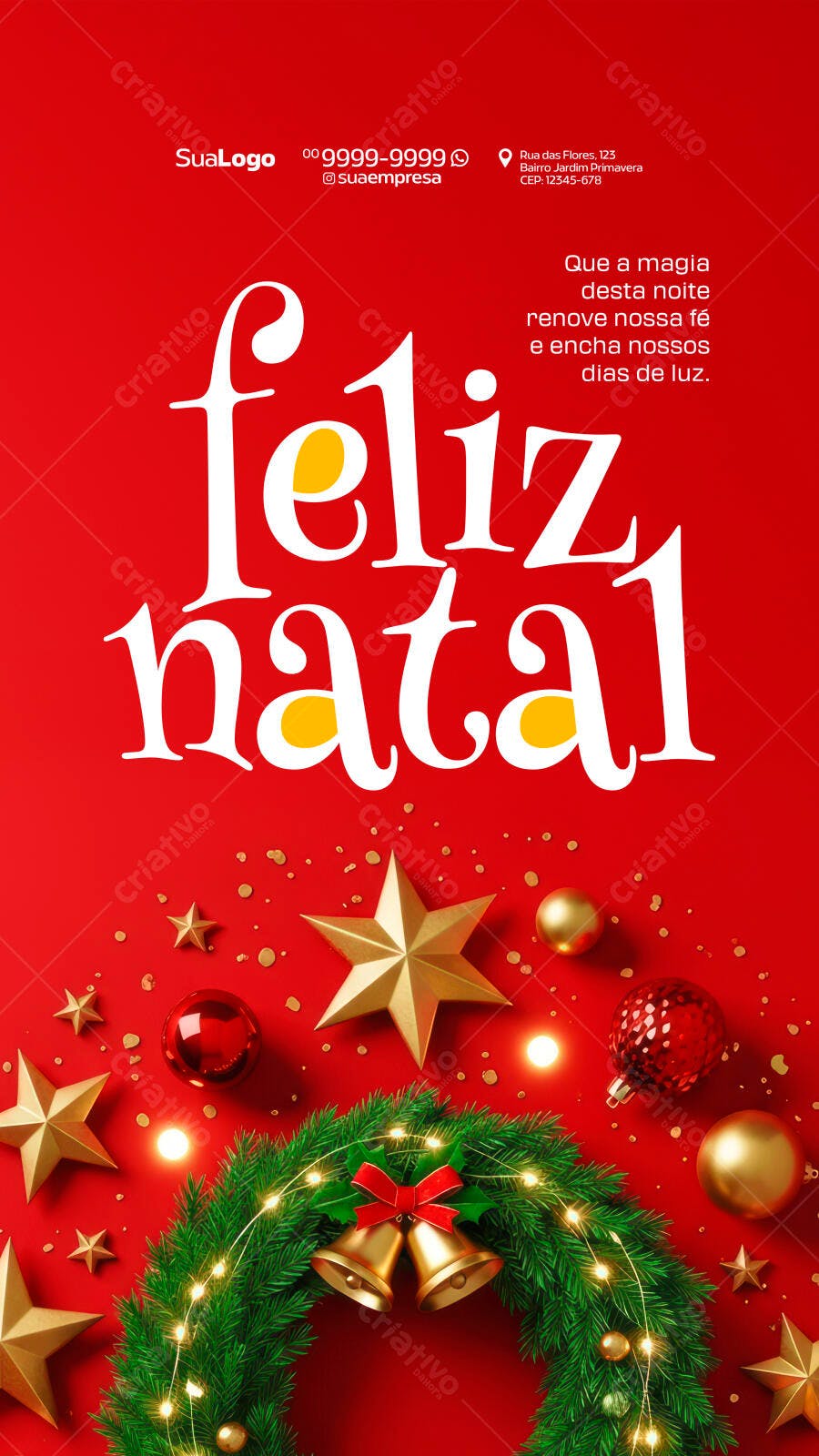 Flyer de Feliz Natal com Mensagem e Guirlanda Dourada PSD Editável