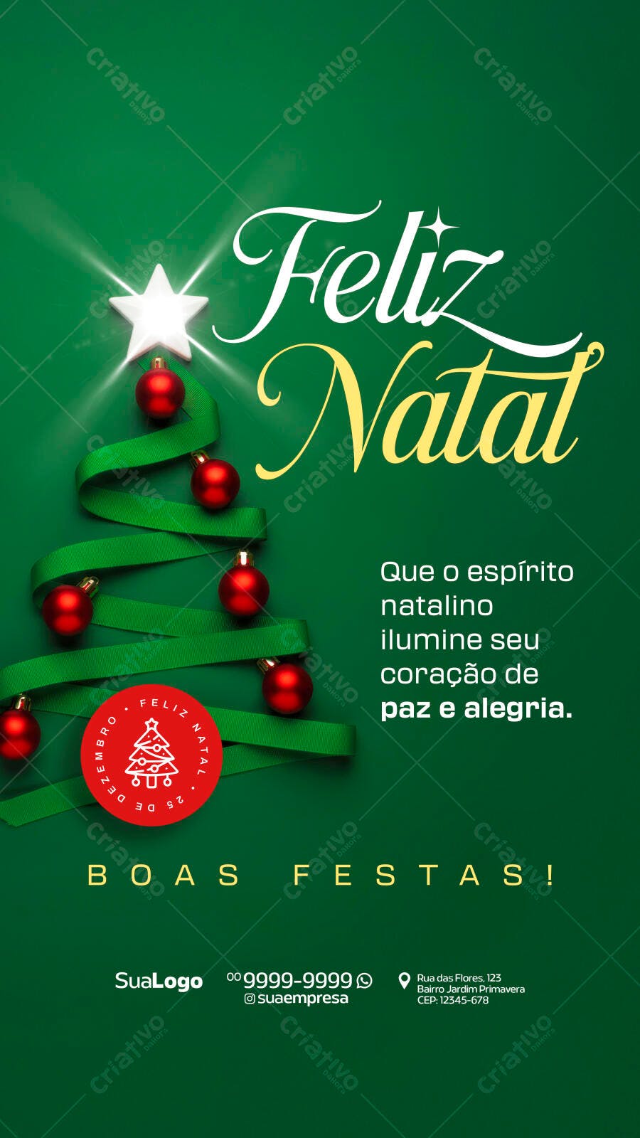 Post de Natal Boas Festas Verde com Laço e Bolas PSD Editável