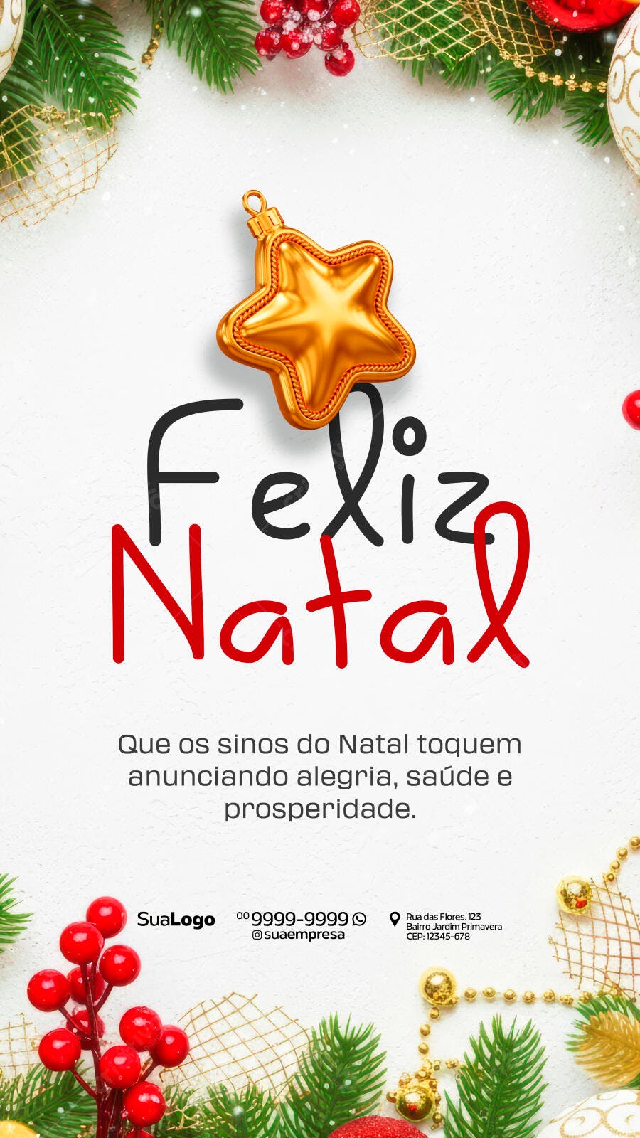 Flyer Natalino com Estrela Dourada e Bagas Vermelhas PSD Editável