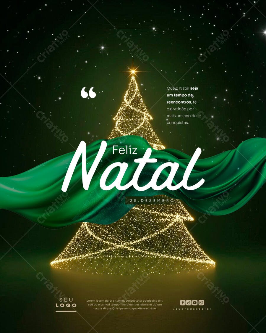 Post para Redes Sociais de Feliz Natal Verde e Dourado PSD Editável