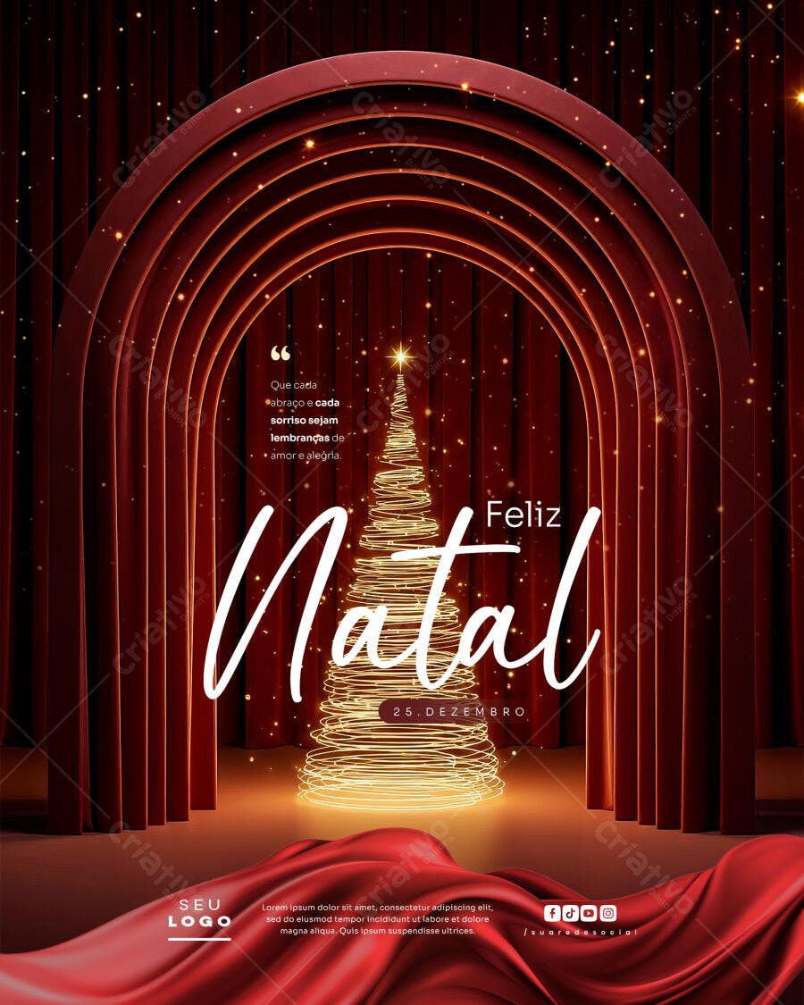 Flyer Feliz Natal 25 Dezembro Árvore Luzes Douradas Fundo Vermelho PSD Editável