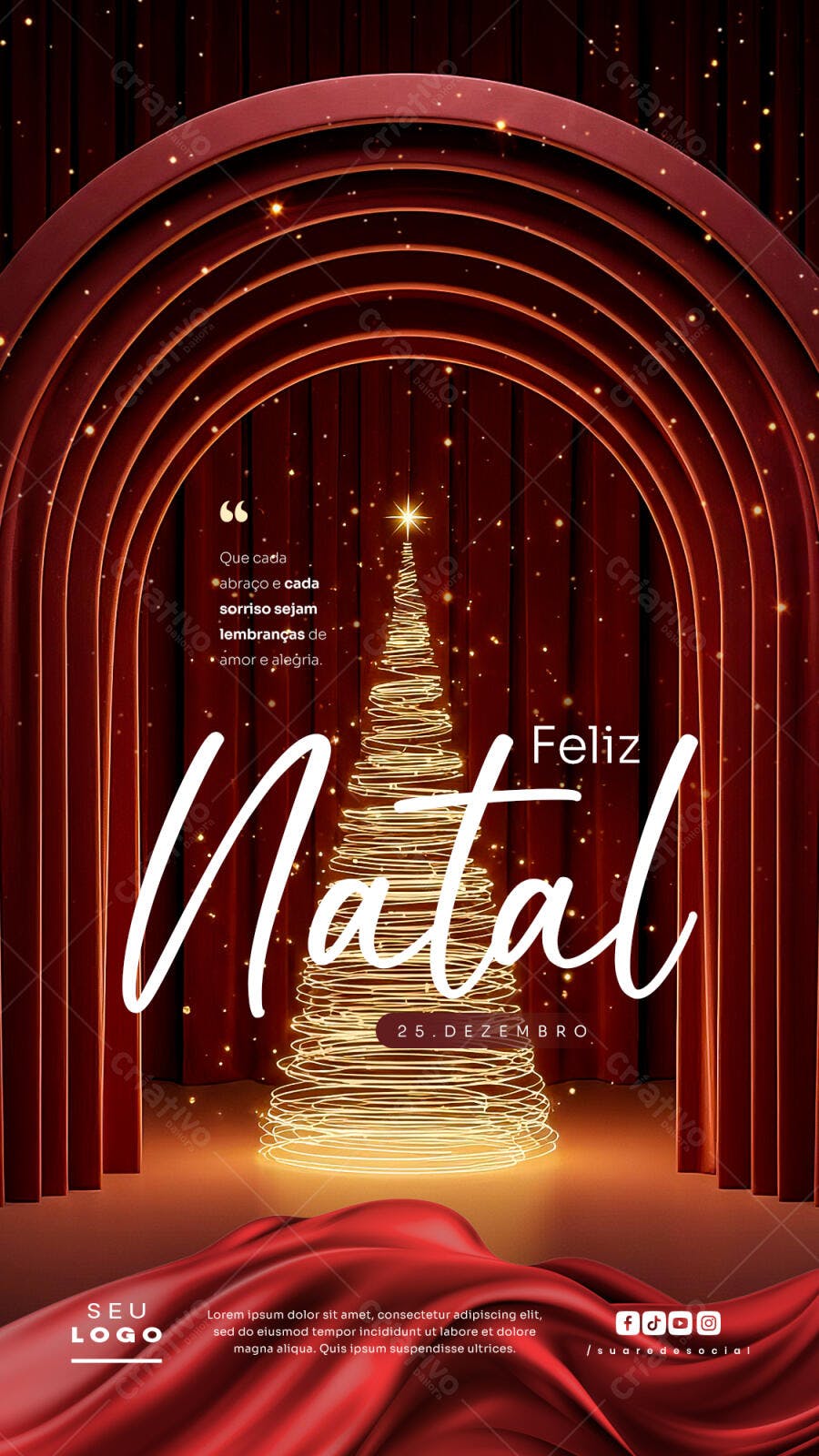 Flyer Feliz Natal Árvore de Luzes e Cenário Vermelho PSD Editável