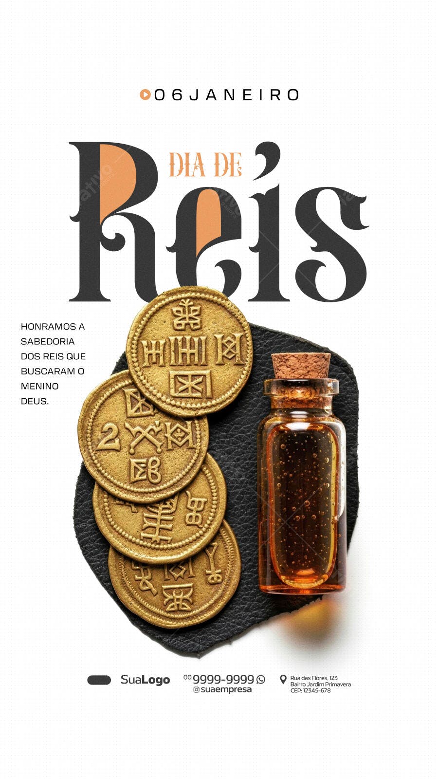 Flyer Dia de Reis com Moedas e Mirra PSD Editável