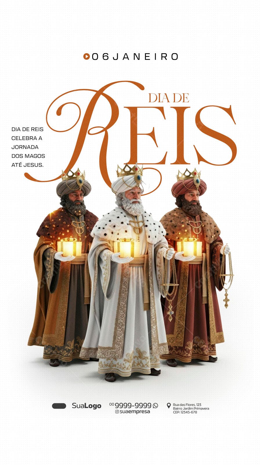 Flyer Dia de Reis Três Reis Magos com Presentes Dourados PSD Editável
