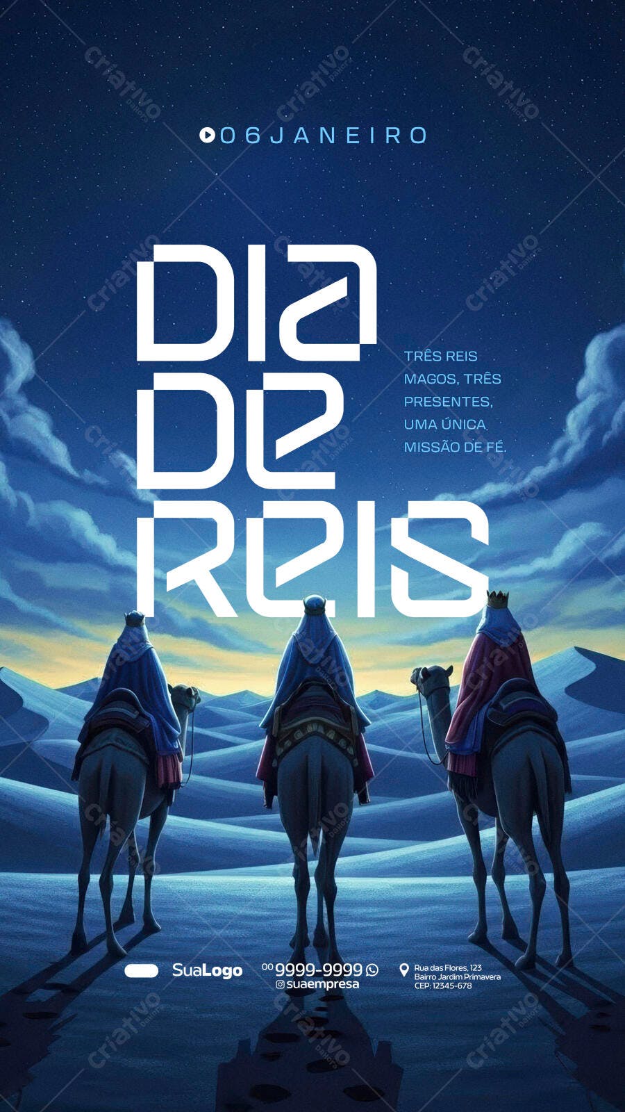 Flyer Dia de Reis 06 Janeiro Três Reis Magos no Deserto PSD Editável