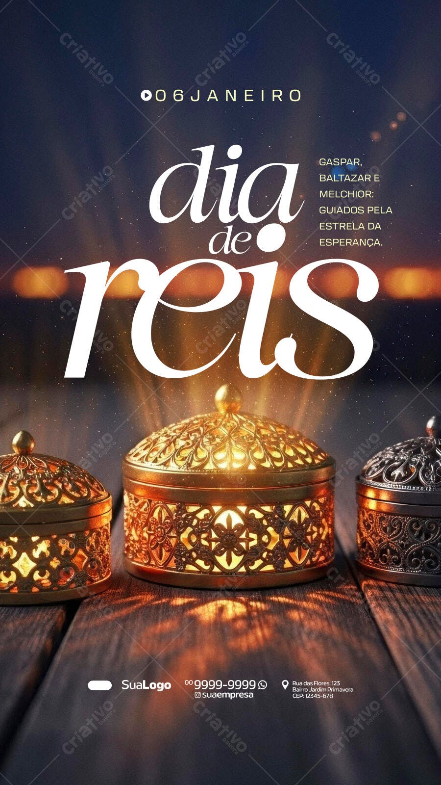 Post para Dia de Reis com Reis Magos e Luminárias Douradas PSD Editável