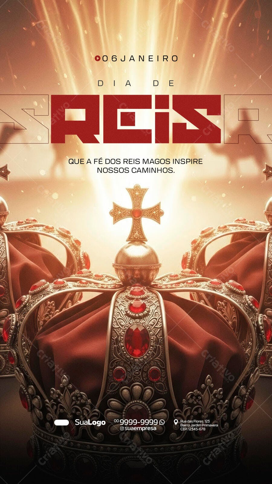 Flyer para Dia de Reis com Coroas Douradas e Cruz PSD Editável