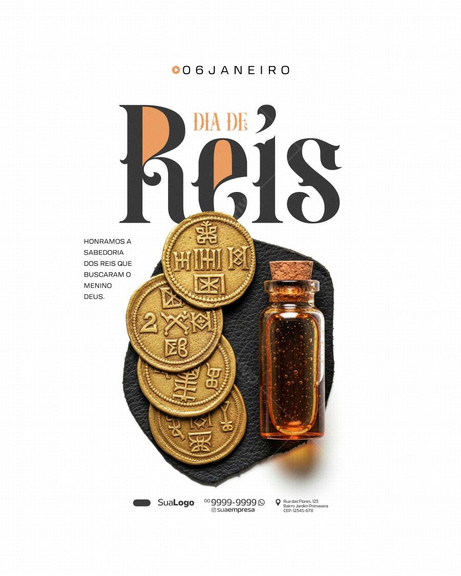 Flyer Dia de Reis com Moedas Antigas e Óleo PSD Editável