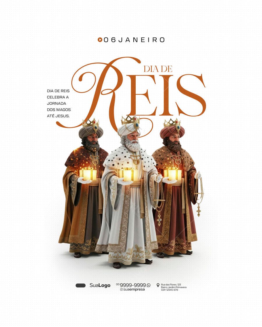 Flyer Dia de Reis 06 de Janeiro com Reis Magos PSD Editável