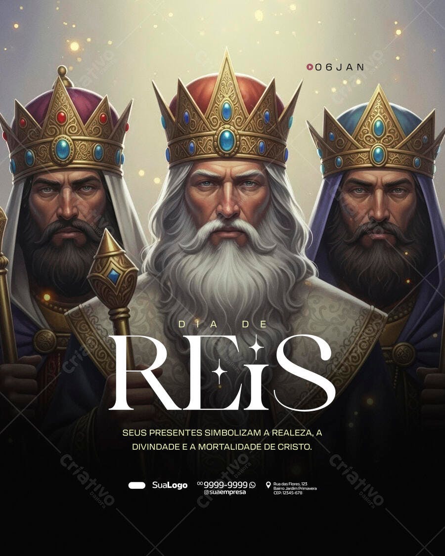 Flyer Dia de Reis com Três Magos Coroados PSD Editável