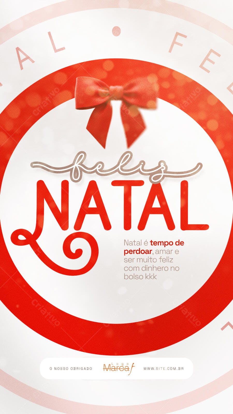 Flyer de Natal Feliz Laço Vermelho e Mensagem PSD Editável