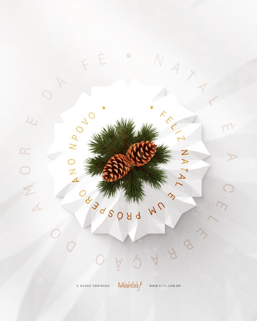 Cartão para Boas Festas Natal e Ano Novo Pinhas PSD Editável