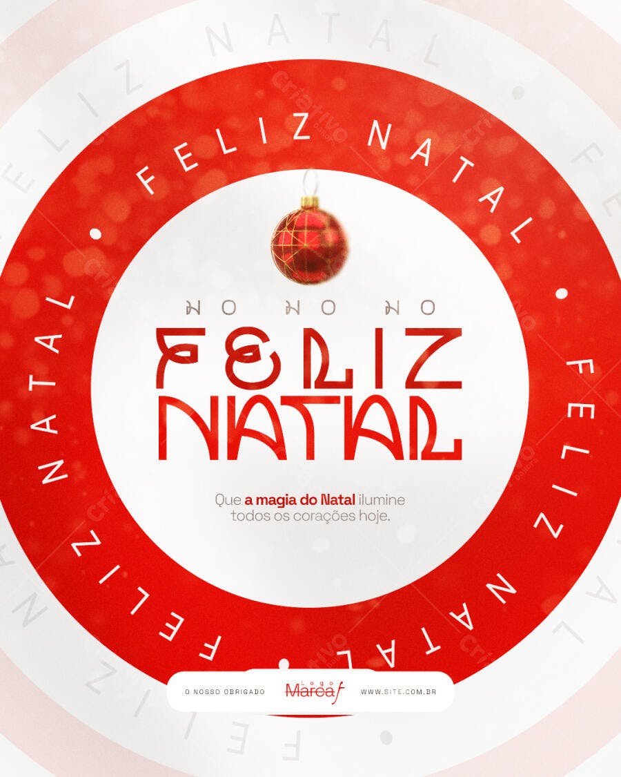 Card Natalino Feliz Natal com Enfeite Vermelho PSD Editável