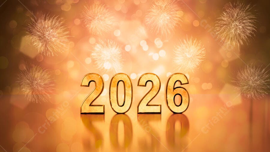 Ano 2026 dourado com fogos de artifício celebração de Ano Novo