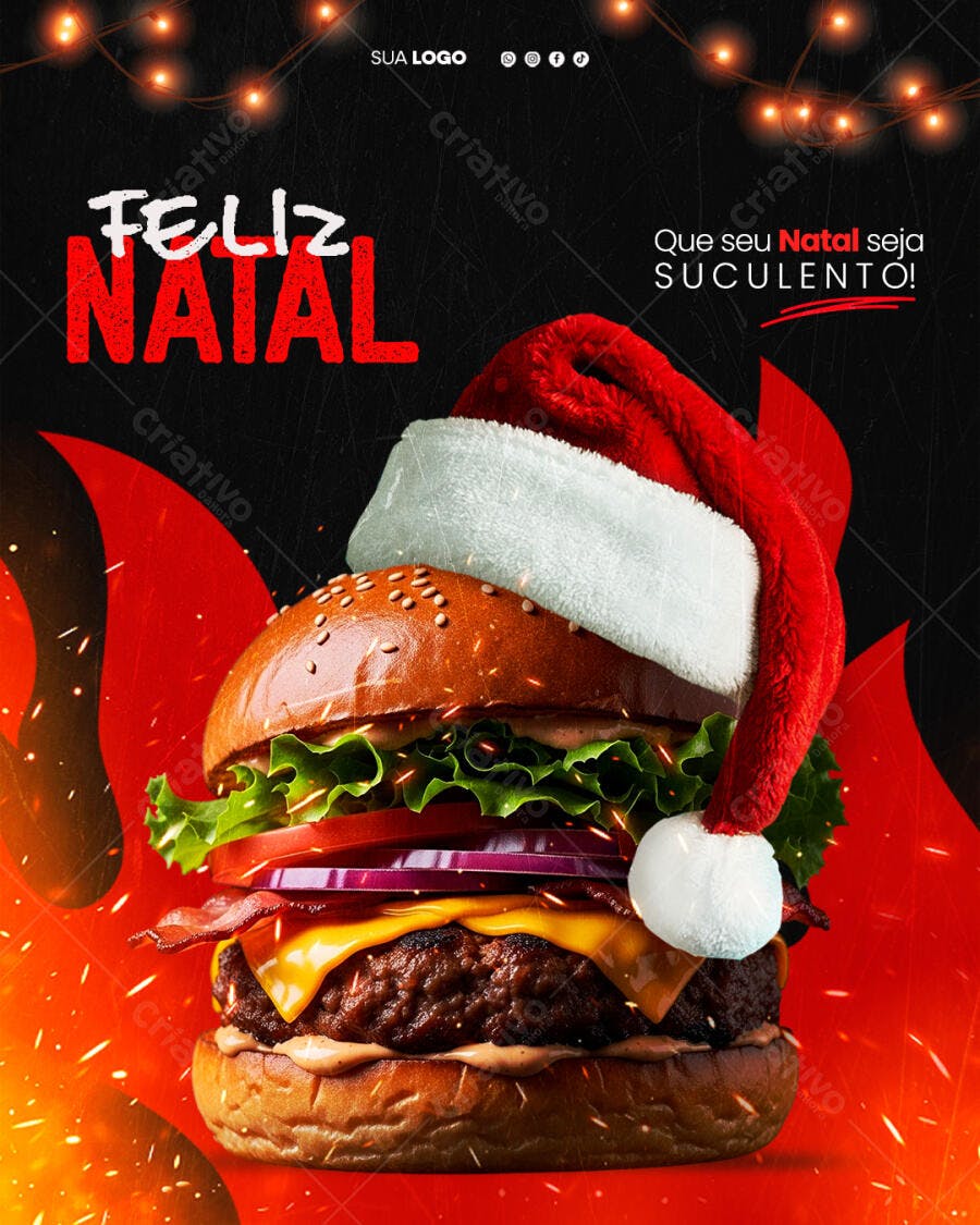 Post para Redes Sociais de Natal Suculento com Hambúrguer PSD Editável