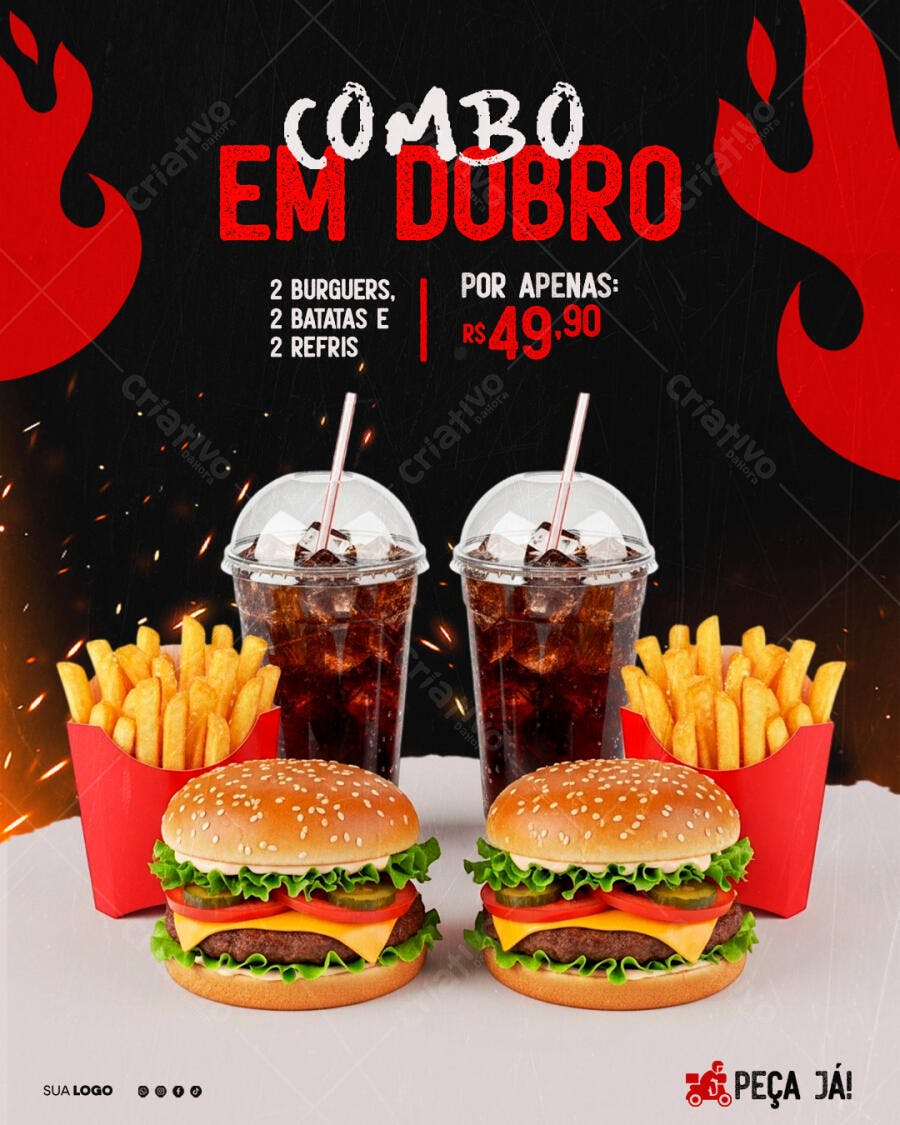 Flyer para Lanchonete Combo Em Dobro Burguer Batata Refri PSD Editável