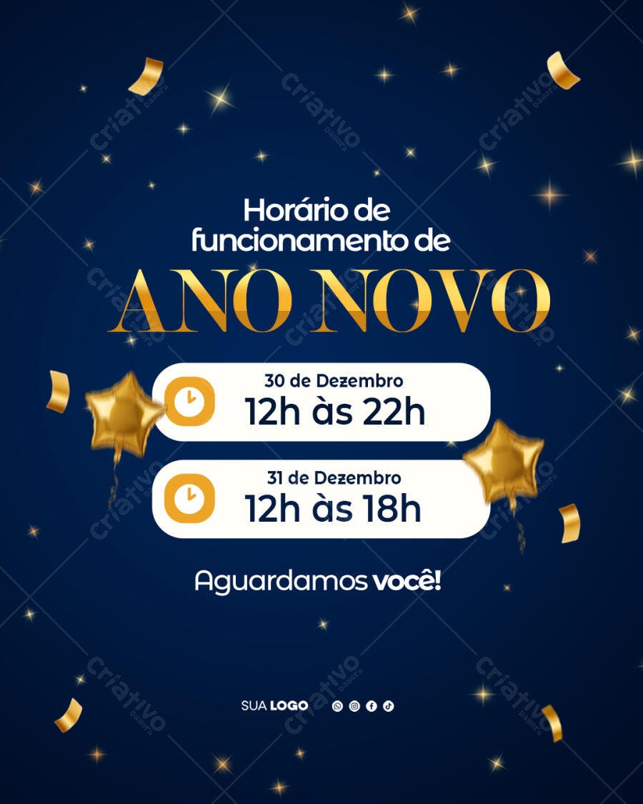 Flyer Horário de Funcionamento Ano Novo PSD Editável