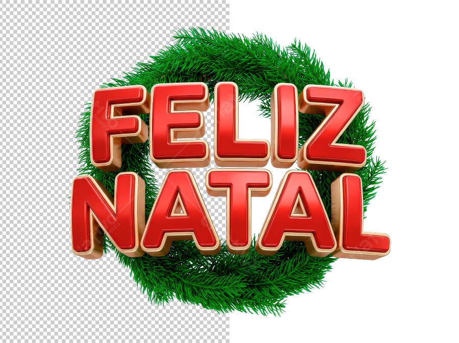 Selo 3D de Natal Feliz Natal metalizado vermelho e dourado com guirlanda verde